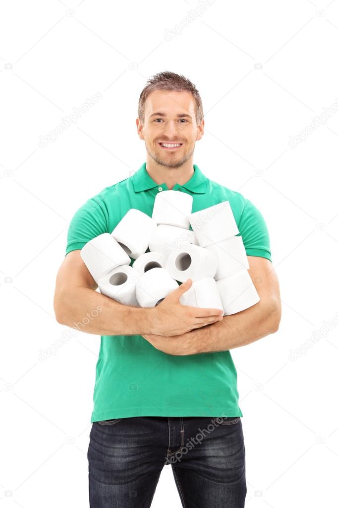 Young with toilet paper rolls