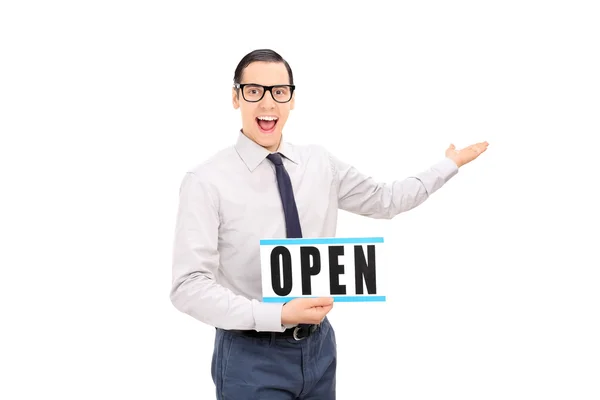 Man holding an OPEN sign — Stock Photo, Image