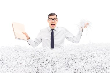 Man holding folder in shredded paper clipart
