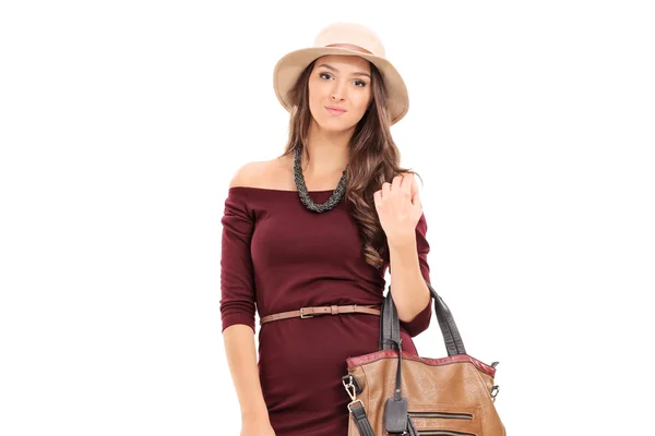 Fashionable woman carrying trendy bag — Stock Photo, Image
