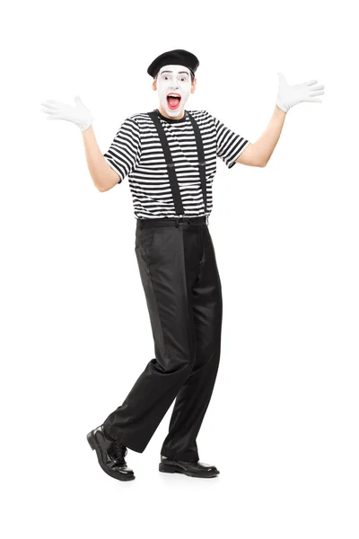 MIME-artist gestikulerande glädje med händer — Stockfoto