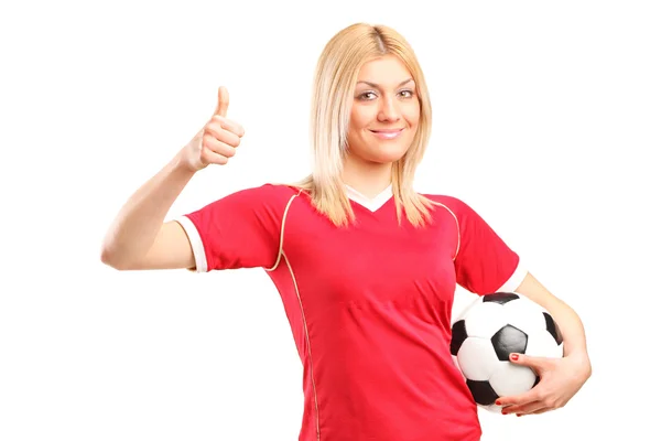 Female football fan giving thumb up — Stock Photo, Image