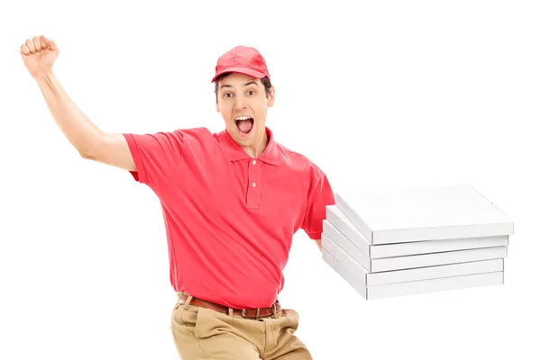 大喜びのピザの配達人 — ストック写真