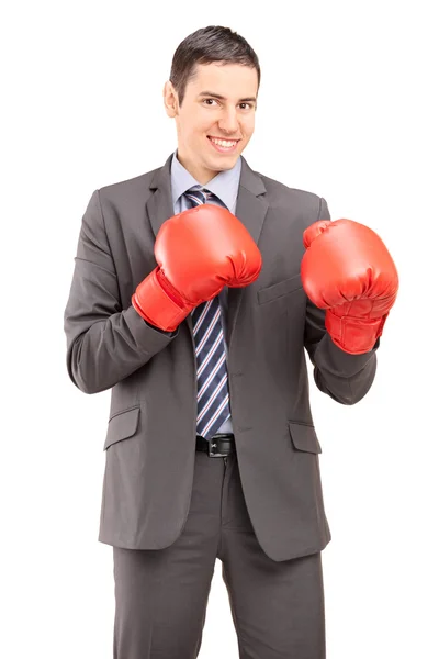 Uomo d'affari competitivo con guanti da boxe — Foto Stock