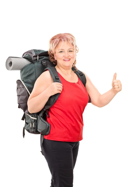 Mature lady with hiking equipment — Stock Photo, Image