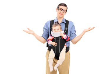 Helpless father carrying baby daughter clipart