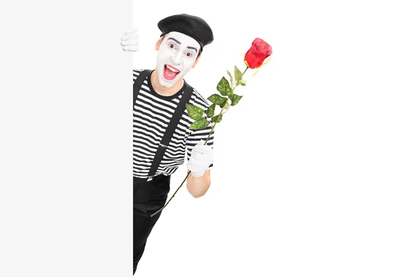Mime artist holding red rose — Stock Photo, Image