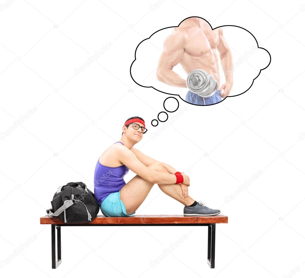 Guy imagining himself as bodybuilder