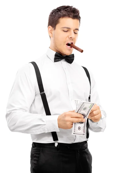 Guy with cigar counting money — Stock Photo, Image