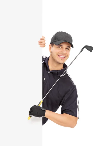 Mężczyzna golfa za puste panelu — Zdjęcie stockowe