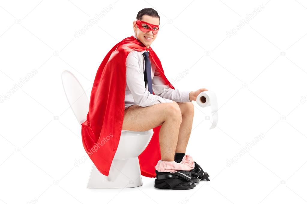 Superhero sitting on a toilet 
