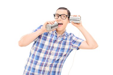 Man with tin can phone clipart
