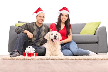 Noel Baba şapkaları ile köpek Çift