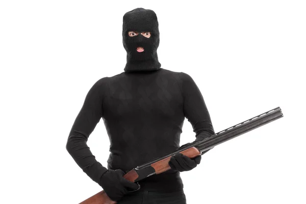 Masked terrorist holding shotgun — Stock Photo, Image
