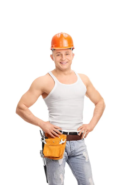 Travailleur de la construction avec ceinture outil — Photo