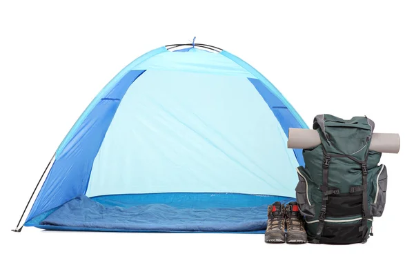 Blue tent with hiking equipment — Stock Photo, Image