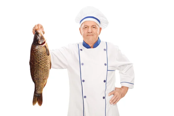 Älterer Koch hält einen rohen Fisch in der Hand — Stockfoto