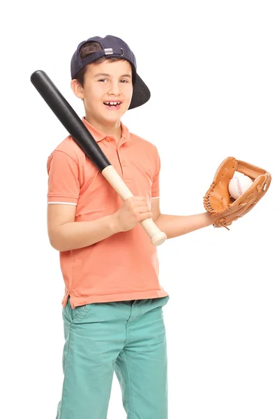 野球選手のバットとボールを保持しています。 — ストック写真