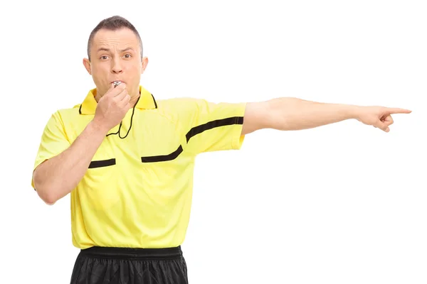 Angry football referee blowing a whistle — Stock Photo, Image