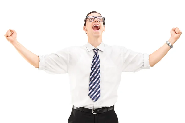 Delighted young businessman looking up — Stock Photo, Image