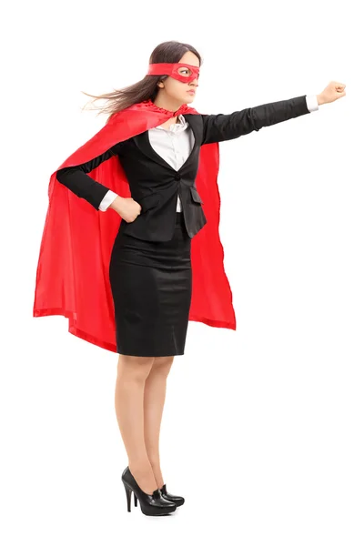 Pięść gospodarstwa kobiece superbohatera w powietrzu — Zdjęcie stockowe