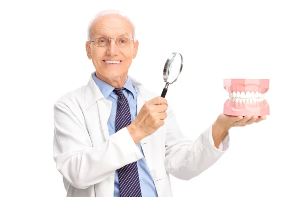 Dentista che tiene la protesi e una lente d'ingrandimento — Foto Stock