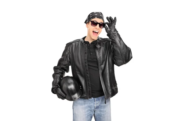 Young biker with sunglasses and leather jacket — Stock Photo, Image