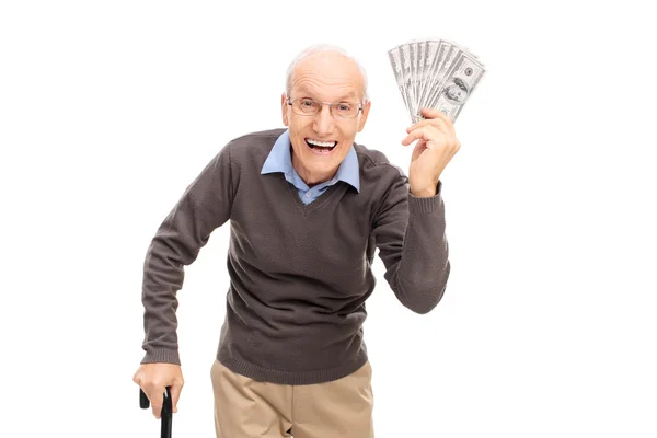 Joyful senior hålla en bunt med pengar — Stockfoto