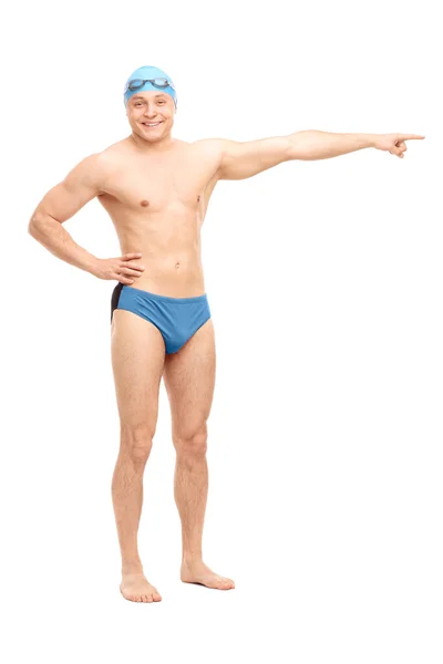 Nadador apuntando a la derecha con su mano — Foto de Stock