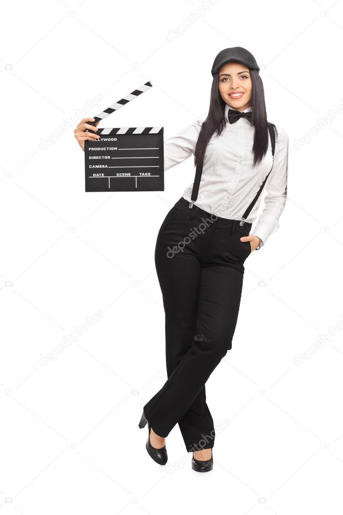Disfraz De Director De Cine Female movie director holding a clapperboard — Stock Photo