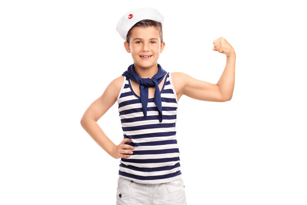 kid in a sailor outfit flexing his bicep