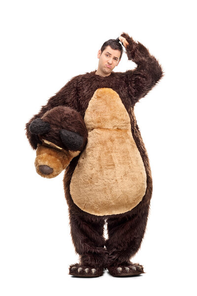 Confused man in bear costume