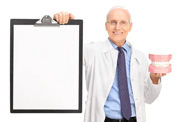 Mature dentist holding a denture and a clipboard — Stock Photo, Image