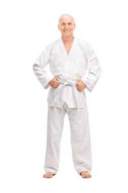 Joyful senior man in a white kimono