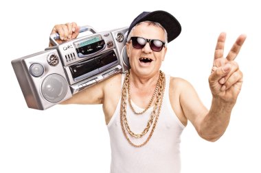 Toothless senior rapper holding a boombox 