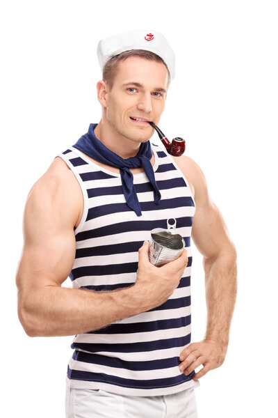 Male sailor smoking a pipe and holding a food can 