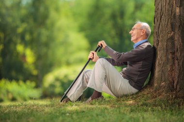 Senior gentleman sitting by a tree in a park 