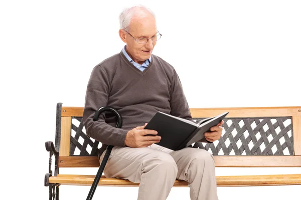 Senior liest auf Bank ein Buch — Stockfoto