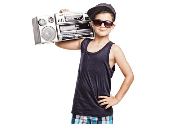 Cool boy holding a ghetto blaster — Stock Photo, Image