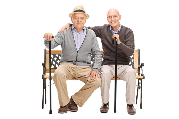 Два зрелых друга сидят на скамейке — стоковое фото