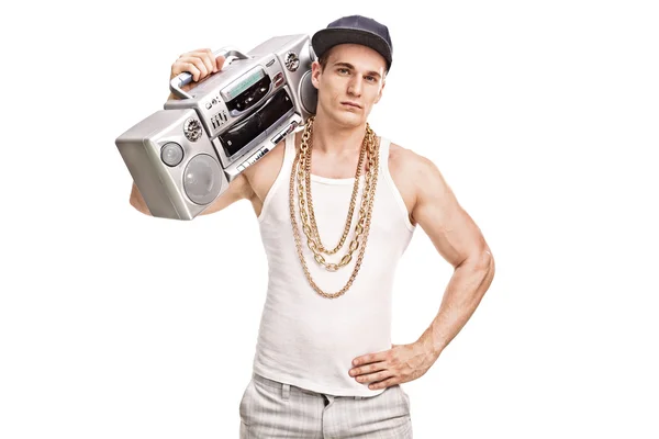 Young rapper holding a ghetto blaster — Stock Photo, Image