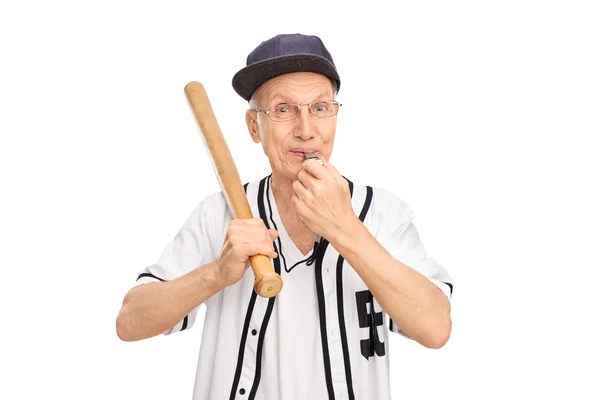 Senior man holding baseball bat — Stock Photo, Image