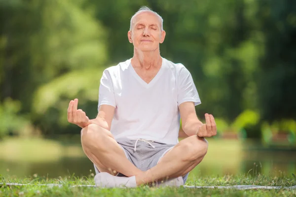 Äldre man mediterar i en park — Stockfoto
