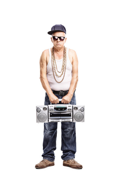 Hardcore rapper holding a ghetto blaster