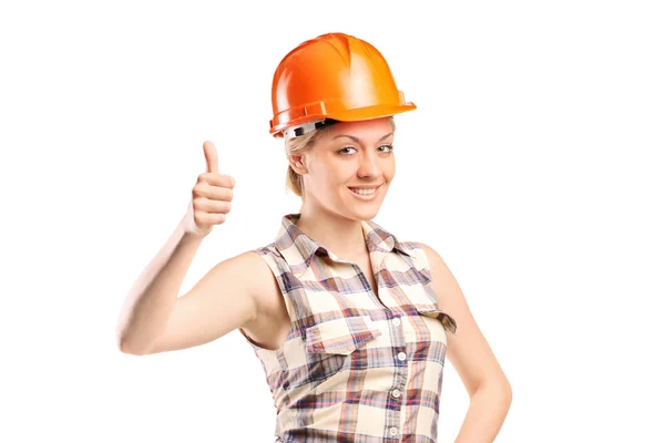 Female construction worker giving thumb up — Stock Photo, Image