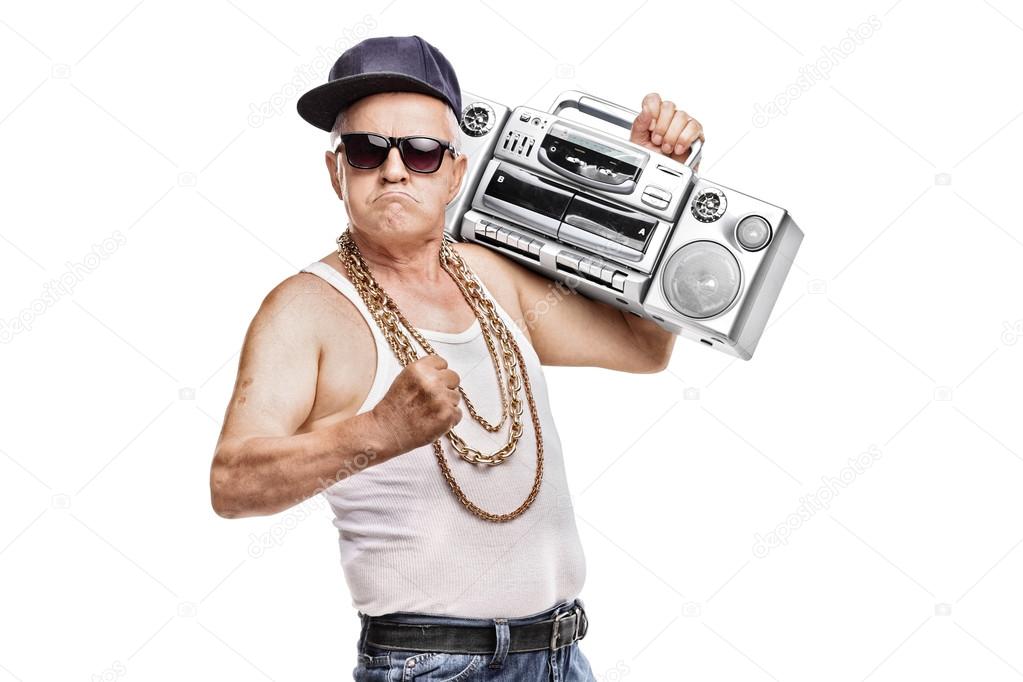 man holding boombox