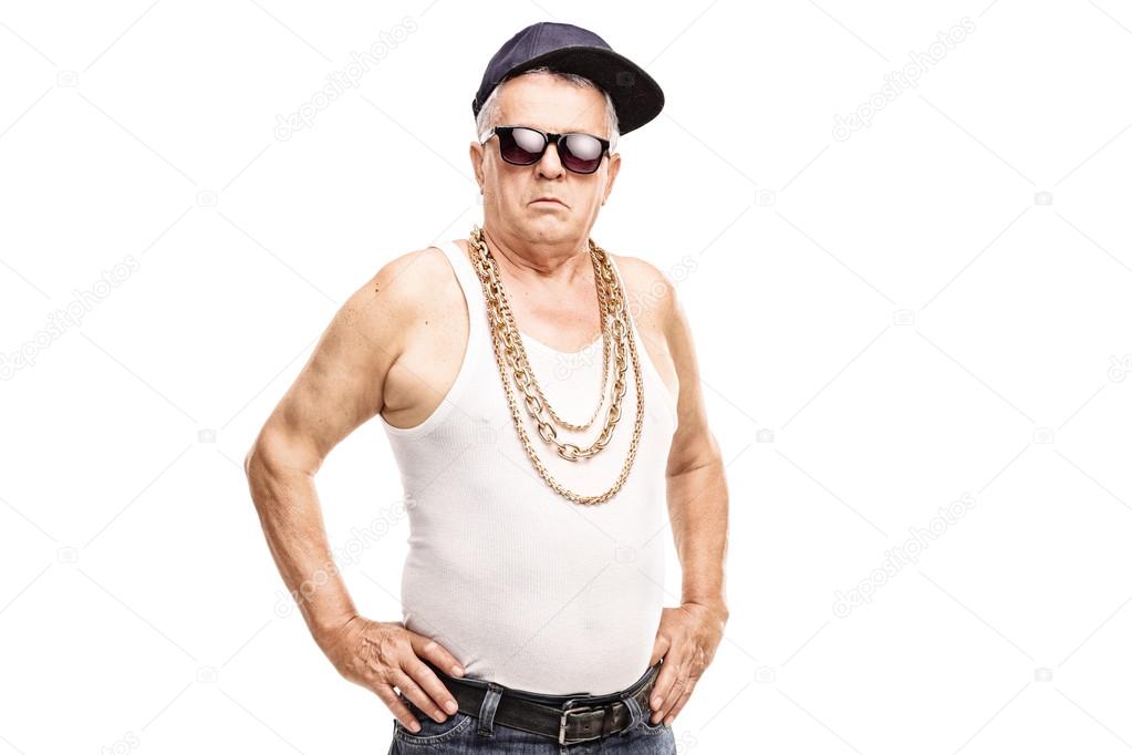 Senior man in hip-hop clothes