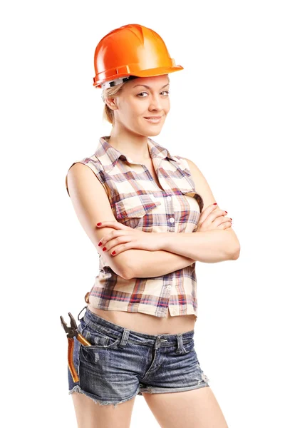 Female carpenter with an orange helmet — Stock Photo, Image