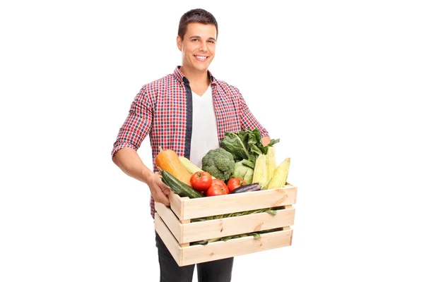 Homem carregando caixa cheia de vegetais — Fotografia de Stock