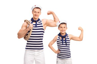 Man and a child ishowing biceps